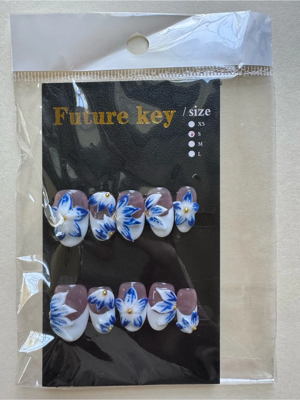 Future Key White French Tip Blue Floral Press-On Nails Oval